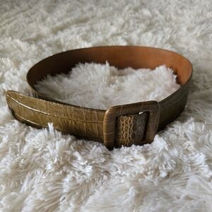 Mustard Yellow Brown Faux Leather Belt with Textured Buckle